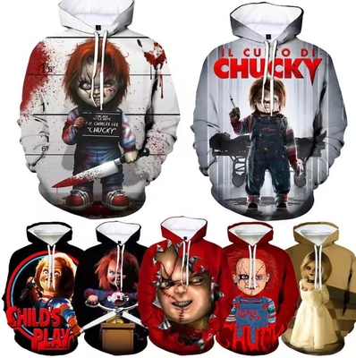 Beli Chucky Cetak Oversize Hoodie Pria Film Horor 3D Cetak Hoodies online manufacture