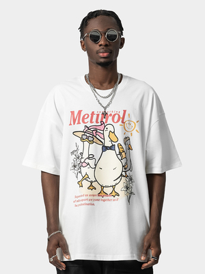 Fashion Euramerican Bebek Cetak Katun Oversize T-Shirt lengan pendek Gaya Jalan Pria